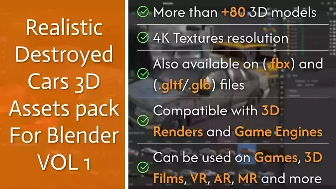 Realistic Destroyed Cars 3D Assets Pack For Blender Vol 1 Low-poly 3D model