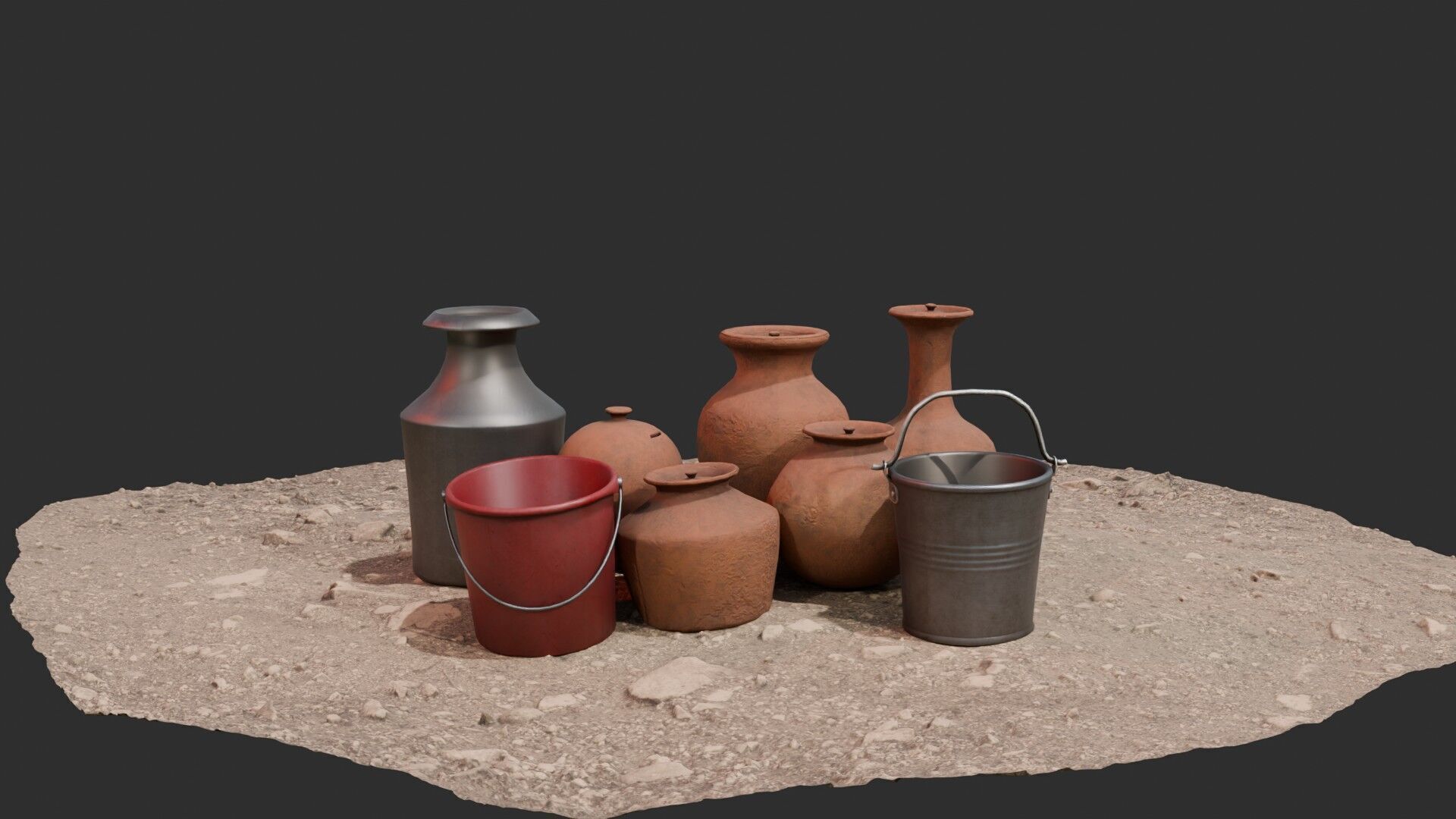 Lowpoly  GameReady PotsandBucket Low-poly 3D model_1