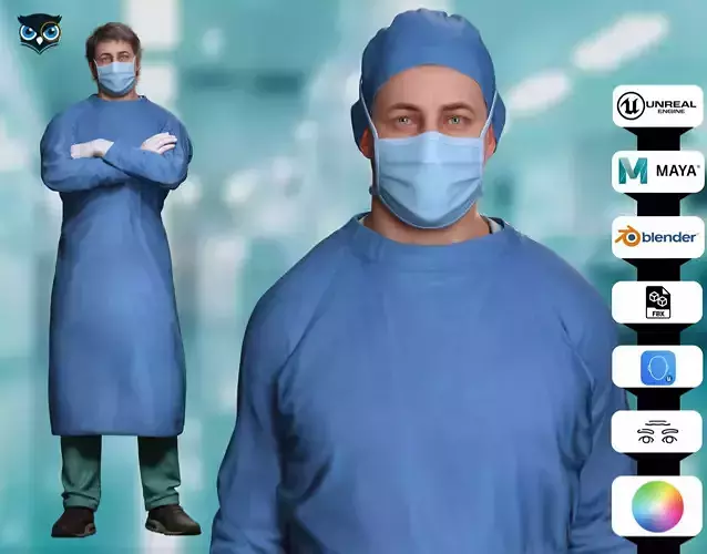 Cinematic Surgeon Model Fully Rigged for Animation Games Low-poly 3D model