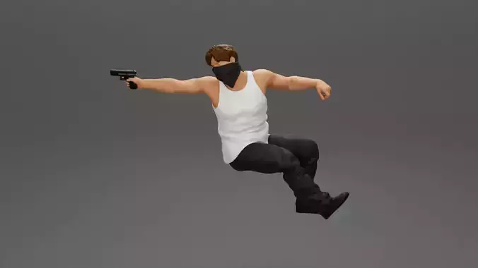 A masked gangster man riding in a car and holding a gun