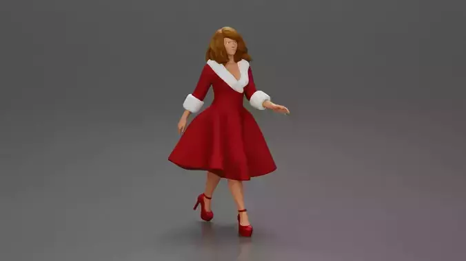 Festive Elegance Woman in Red Dress with Fur Trim