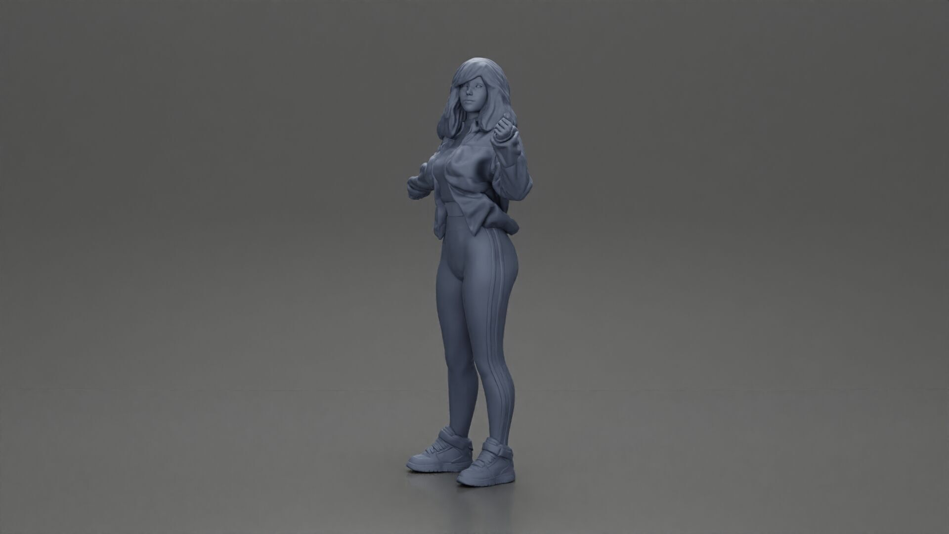 sexy girl in an open jacket and pants posing happily 3D print model_11