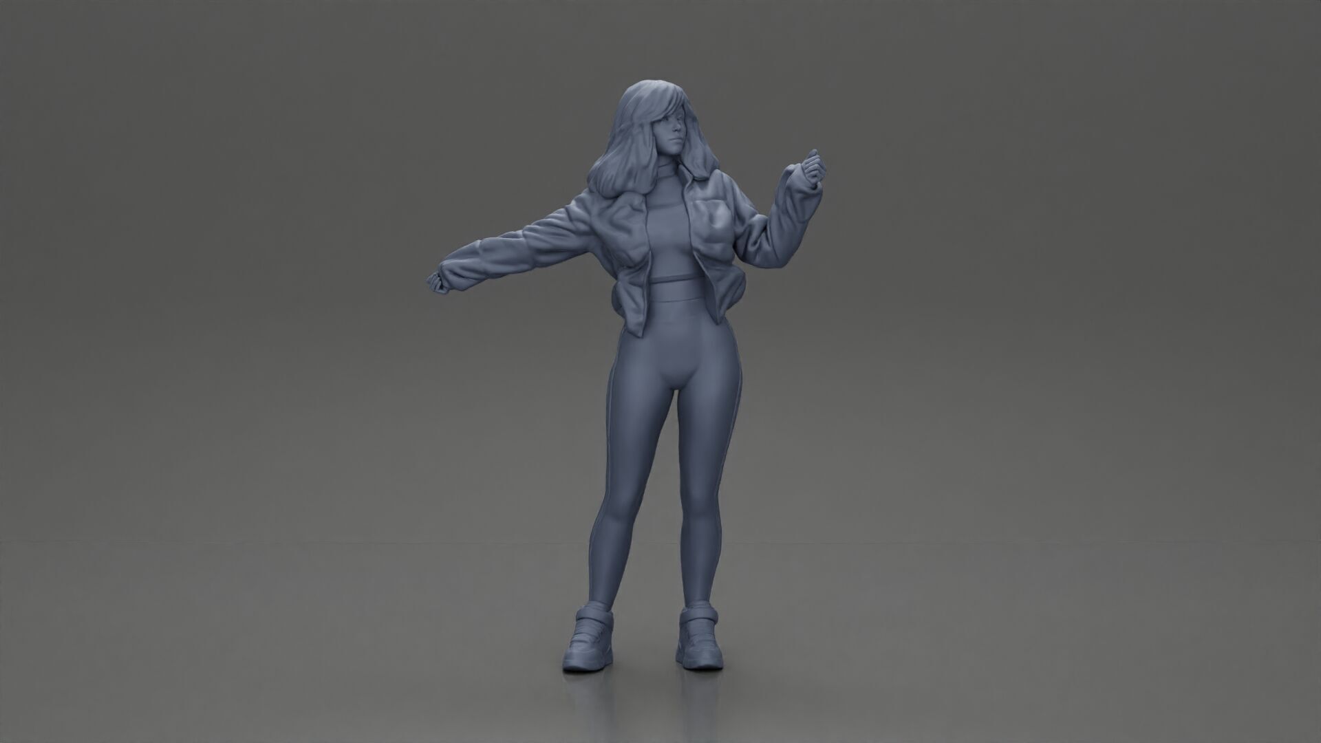 sexy girl in an open jacket and pants posing happily 3D print model_6