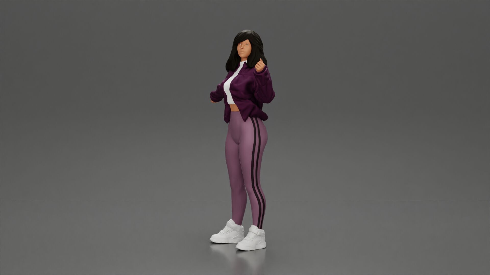 sexy girl in an open jacket and pants posing happily 3D print model_5