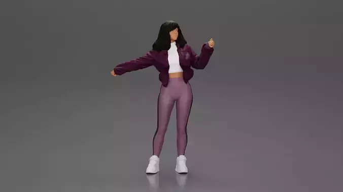 sexy girl in an open jacket and pants posing happily