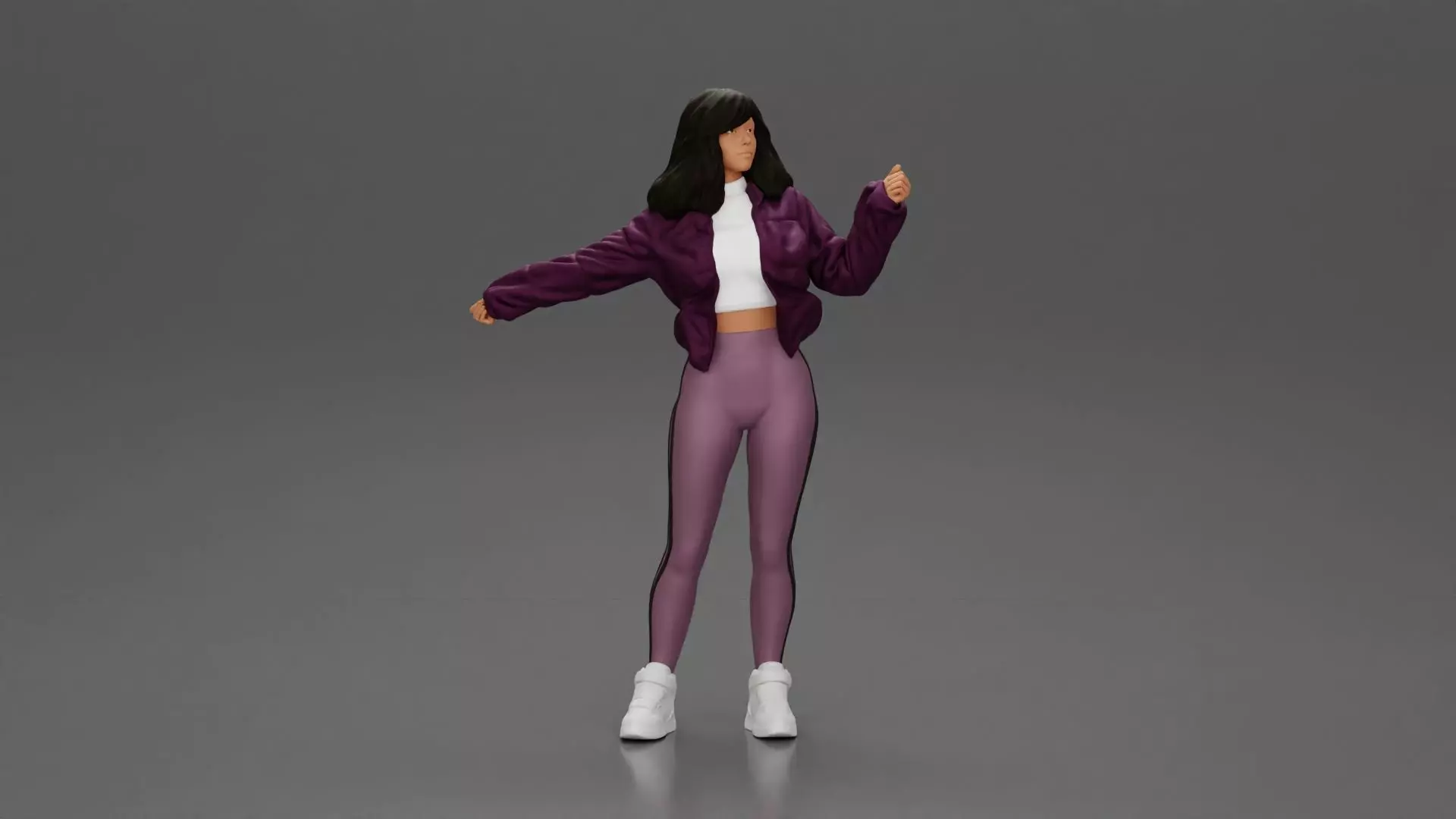 sexy girl in an open jacket and pants posing happily 3D print model_0