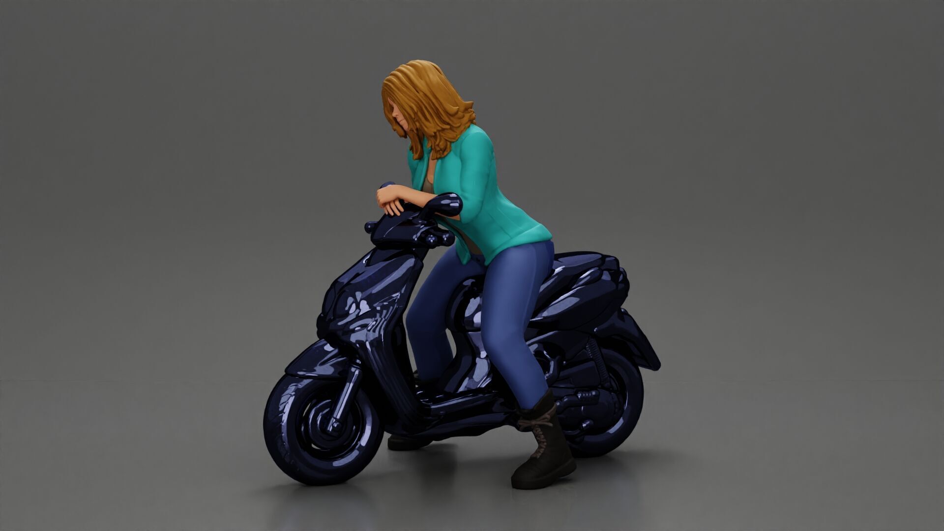 Girl sitting on a scooter wearing an open jacket 3D print model_5