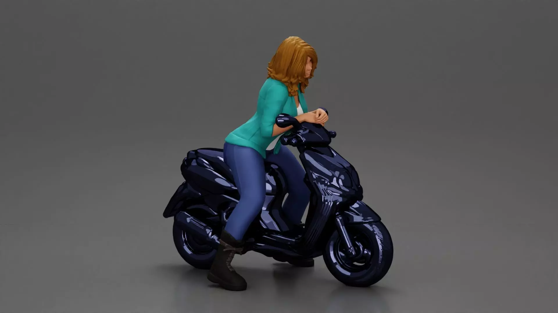 Girl sitting on a scooter wearing an open jacket 3D print model_0