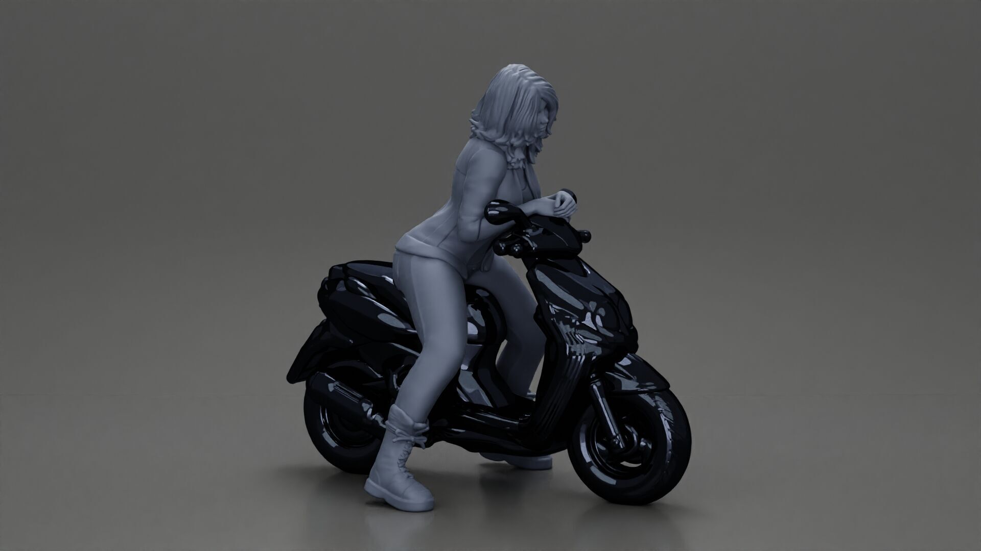 Girl sitting on a scooter wearing an open jacket 3D print model_7