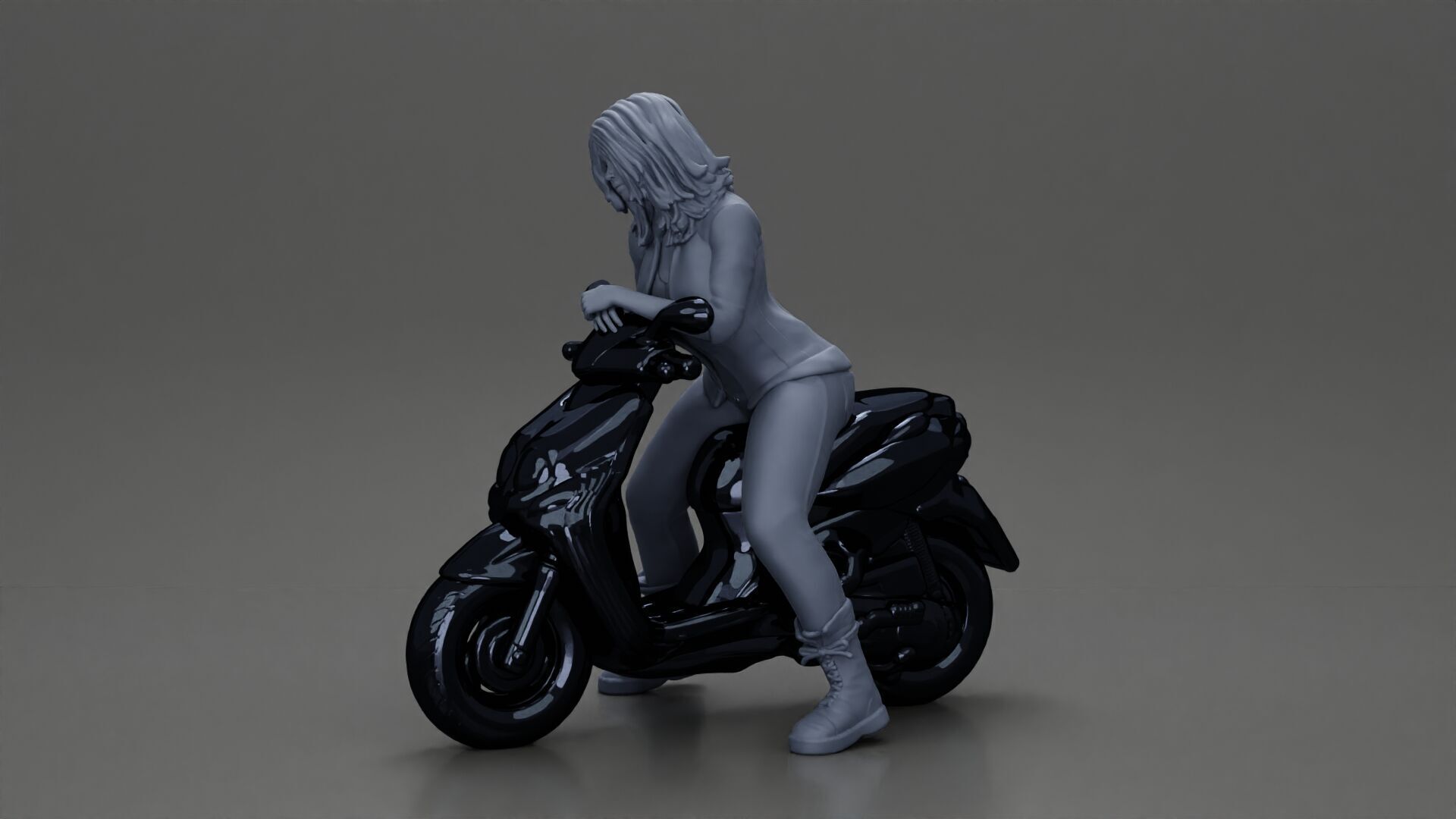 Girl sitting on a scooter wearing an open jacket 3D print model_11
