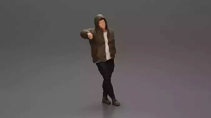 man leaning against the car wearing an open jacket with hood 3D print model