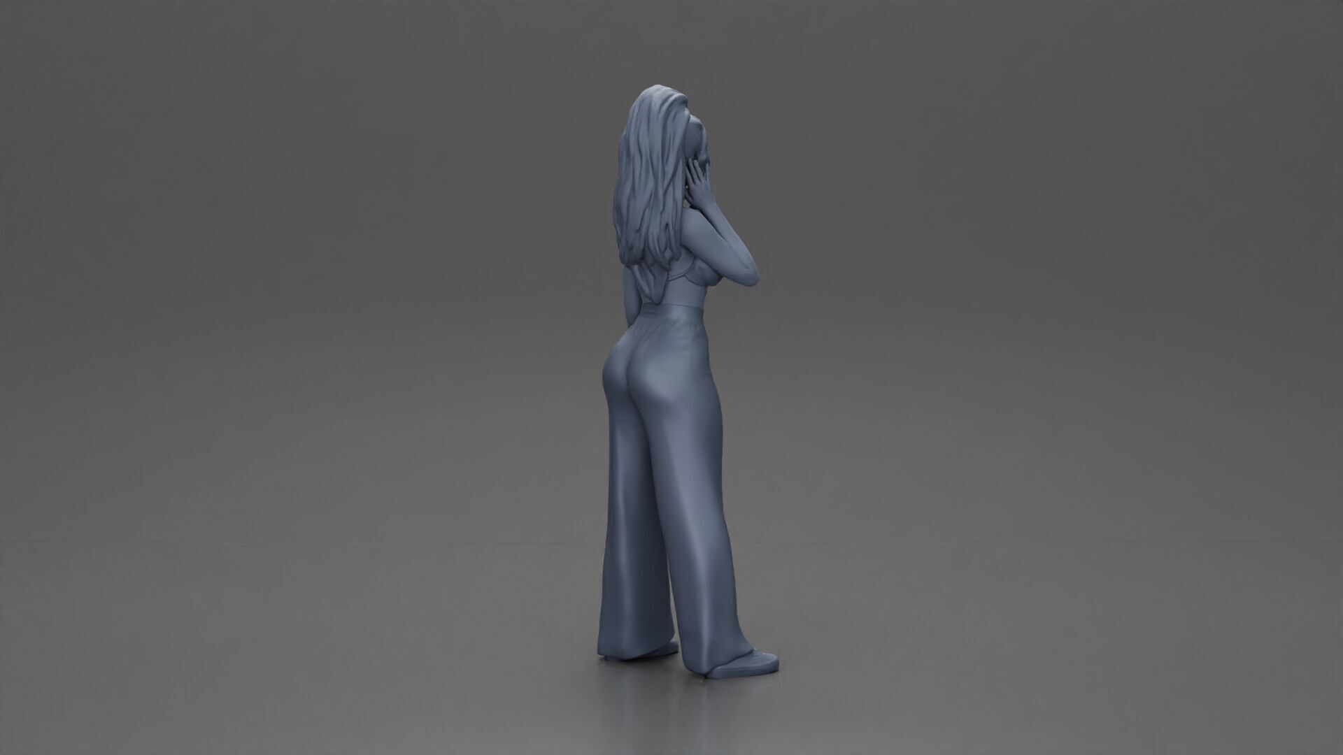 Stylish woman in a crop top and pants standing thoughtfully 3D print model_9