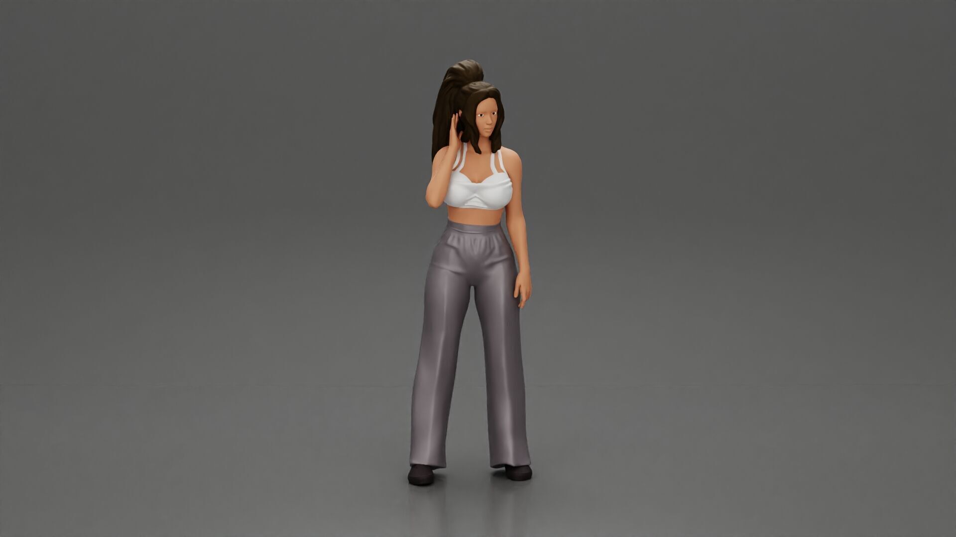 Stylish woman in a crop top and pants standing thoughtfully 3D print model_1