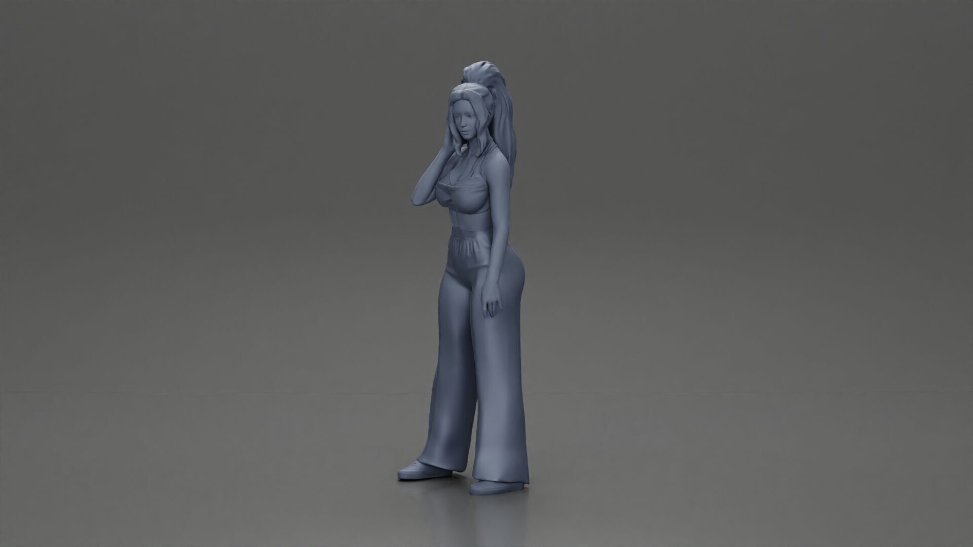 Stylish woman in a crop top and pants standing thoughtfully 3D print model_6