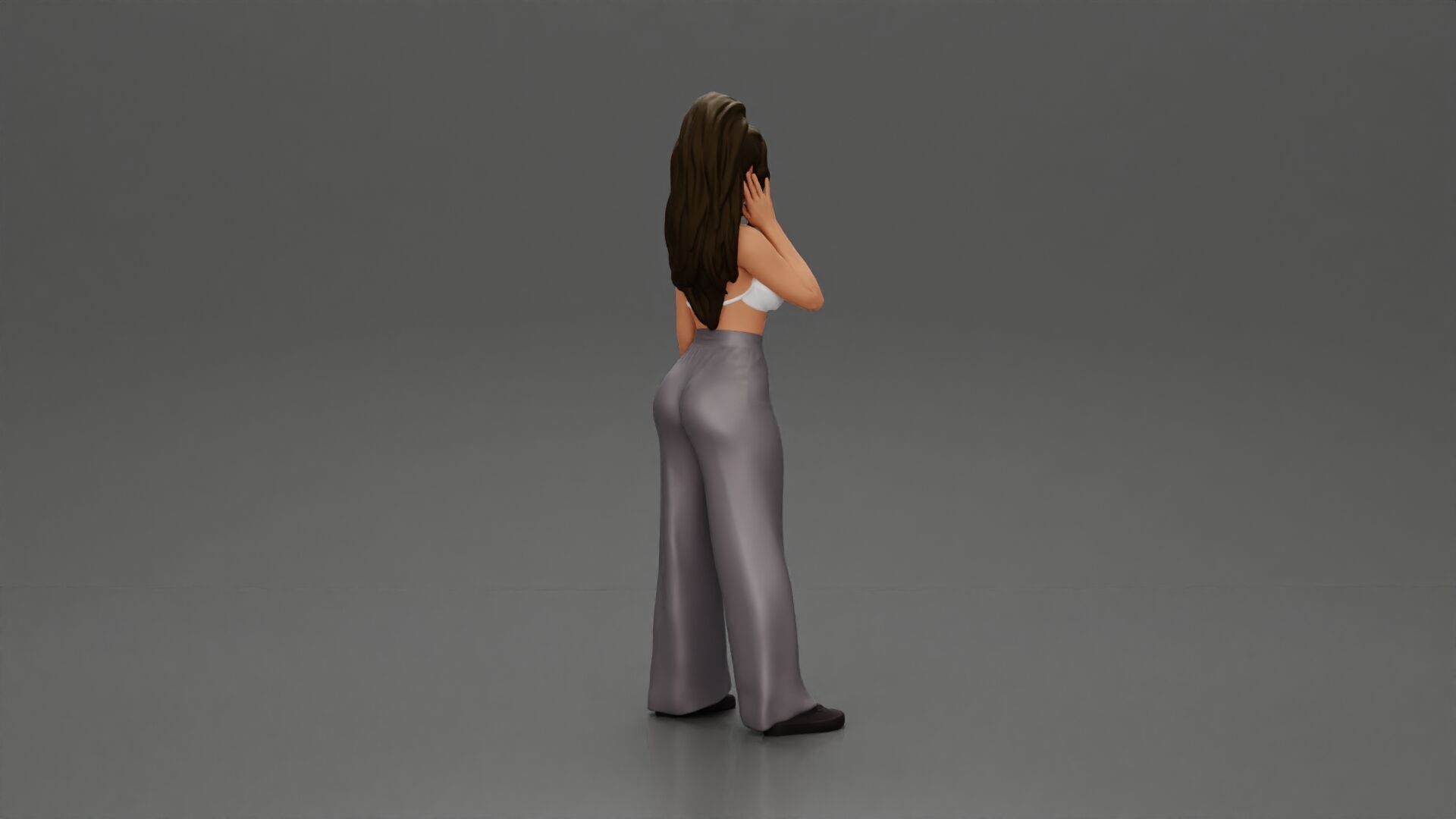 Stylish woman in a crop top and pants standing thoughtfully 3D print model_3