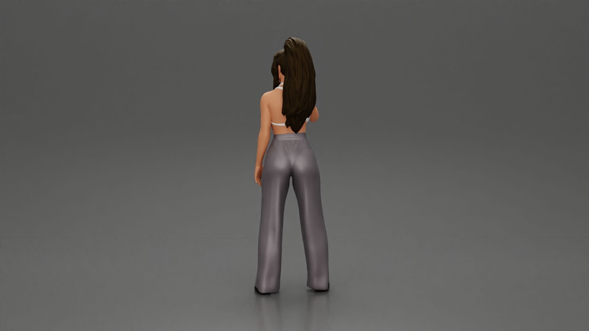 Stylish woman in a crop top and pants standing thoughtfully 3D print model_4