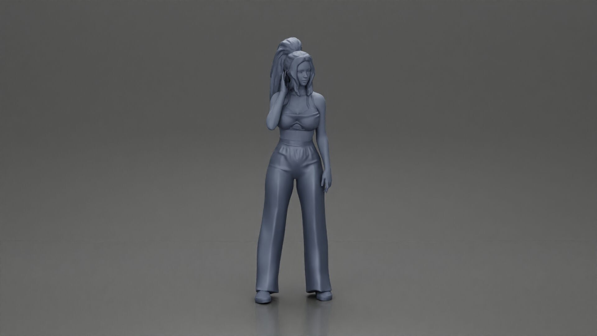 Stylish woman in a crop top and pants standing thoughtfully 3D print model_7