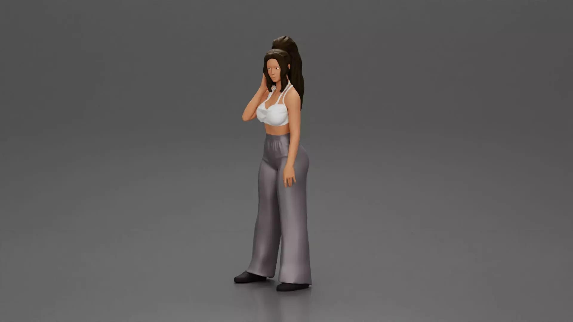 Stylish woman in a crop top and pants standing thoughtfully 3D print model_0