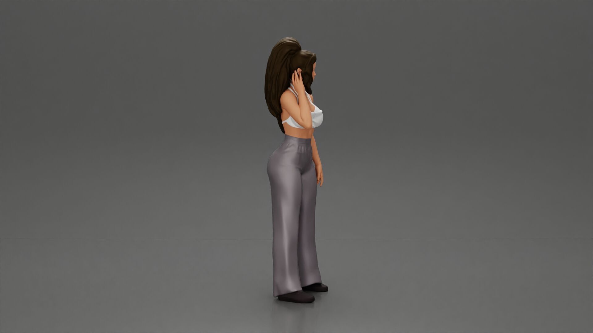 Stylish woman in a crop top and pants standing thoughtfully 3D print model_2