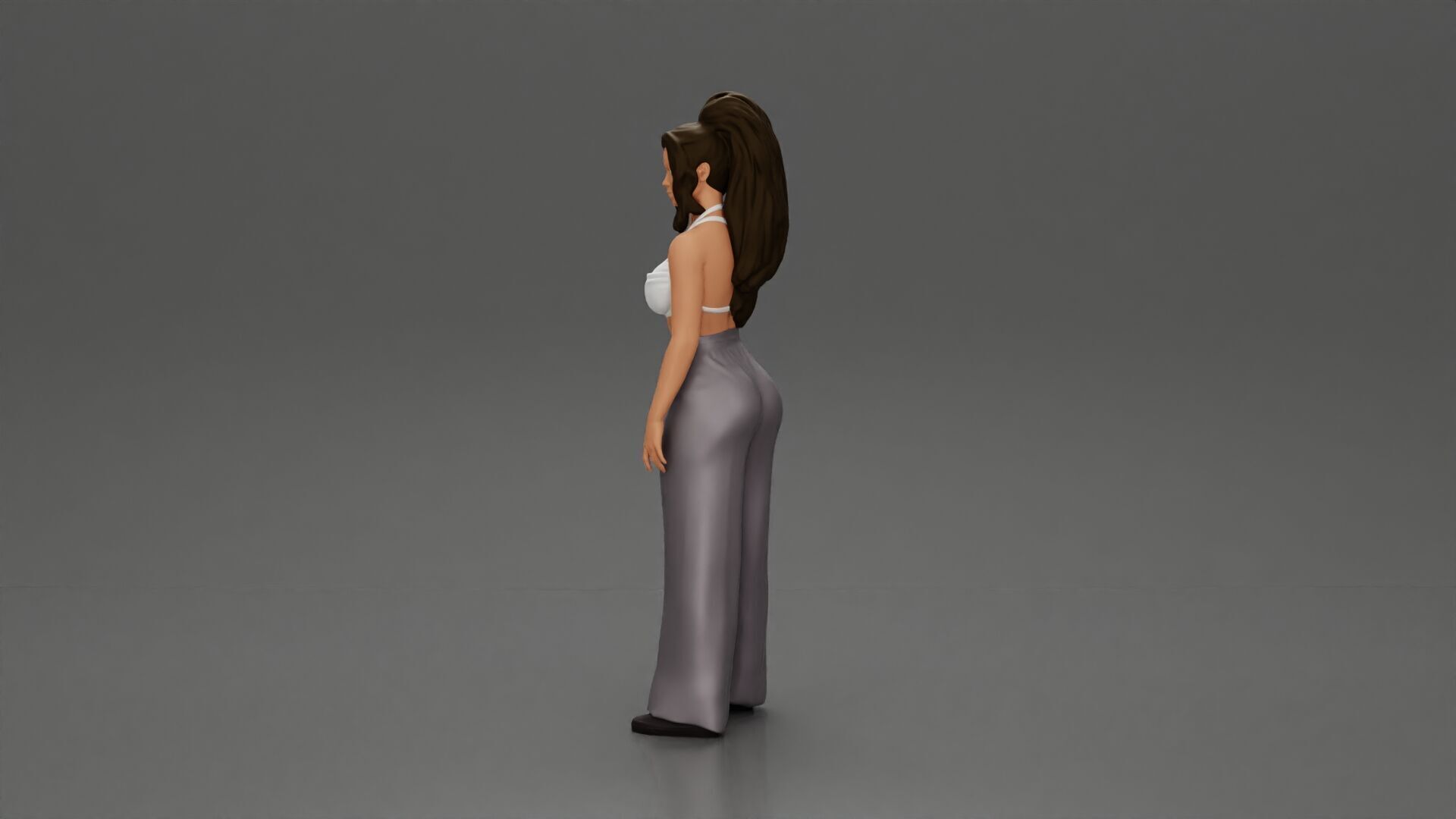 Stylish woman in a crop top and pants standing thoughtfully 3D print model_5