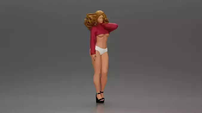 woman in heels string bikini and sultry mini shirt with sleeves 3D print model