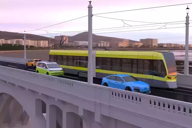 Stadler tram Audi VW and Skoda on bridge