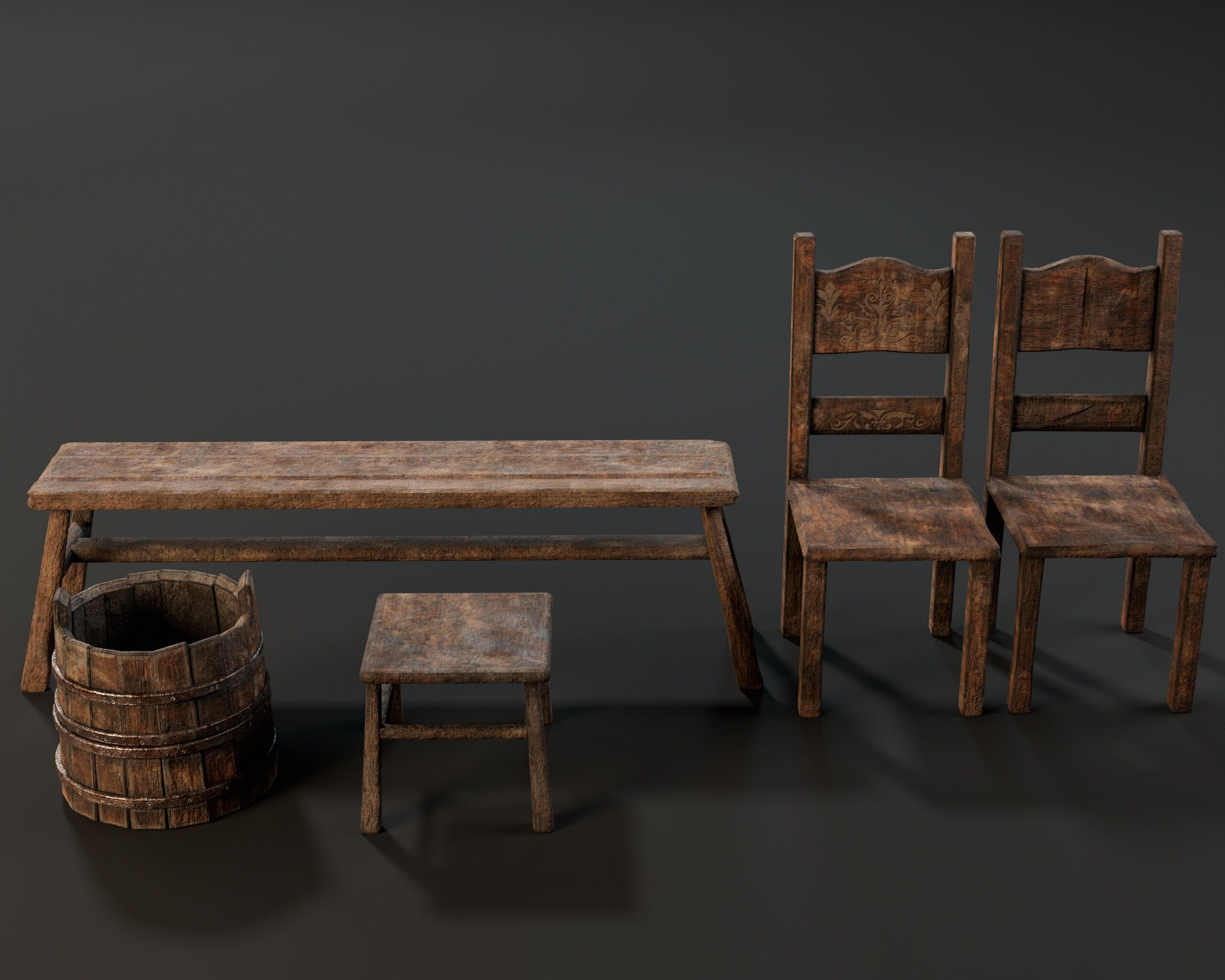 Medieval Rustic Furniture Set Low-poly 3D model_4