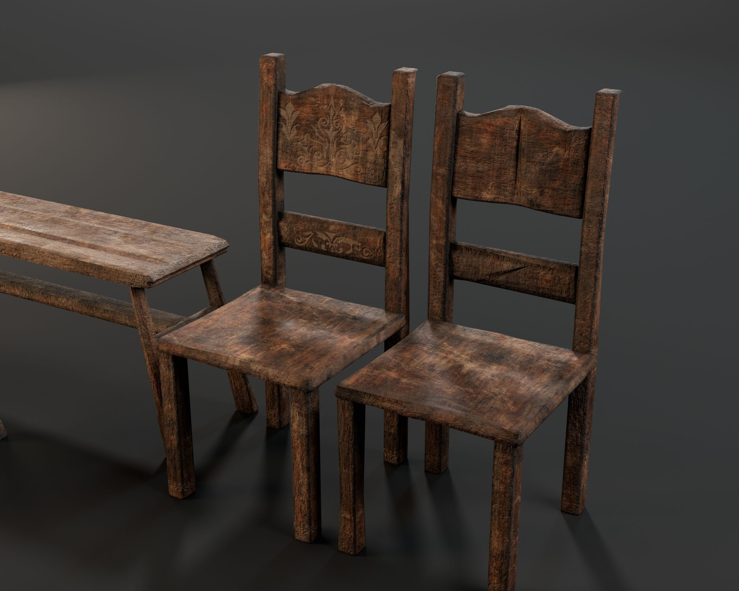 Medieval Rustic Furniture Set Low-poly 3D model_6