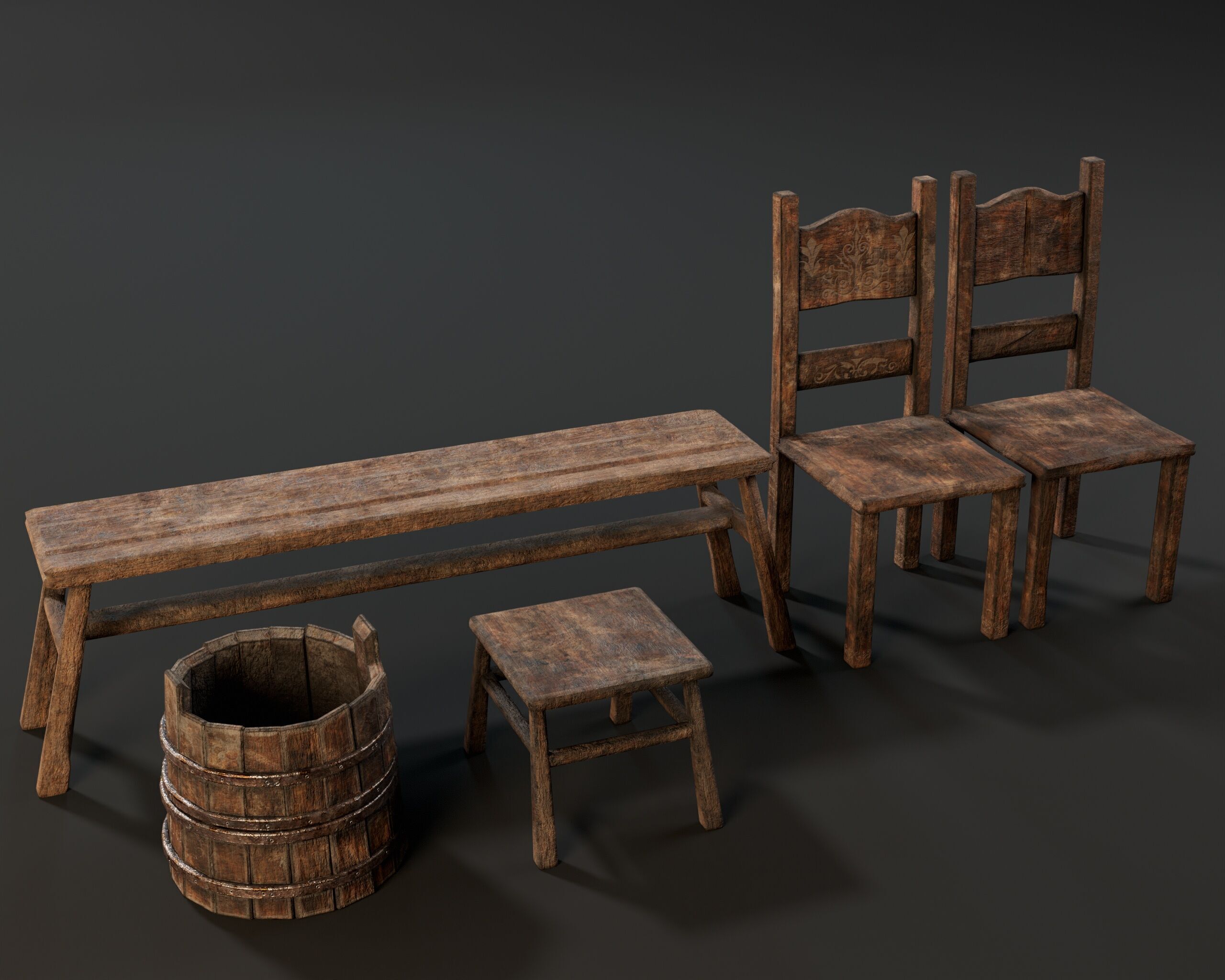 Medieval Rustic Furniture Set Low-poly 3D model_2