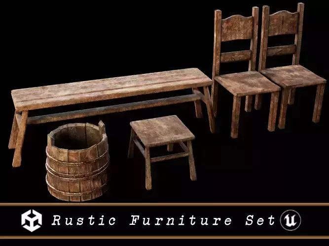 Medieval Rustic Furniture Set Low-poly 3D model