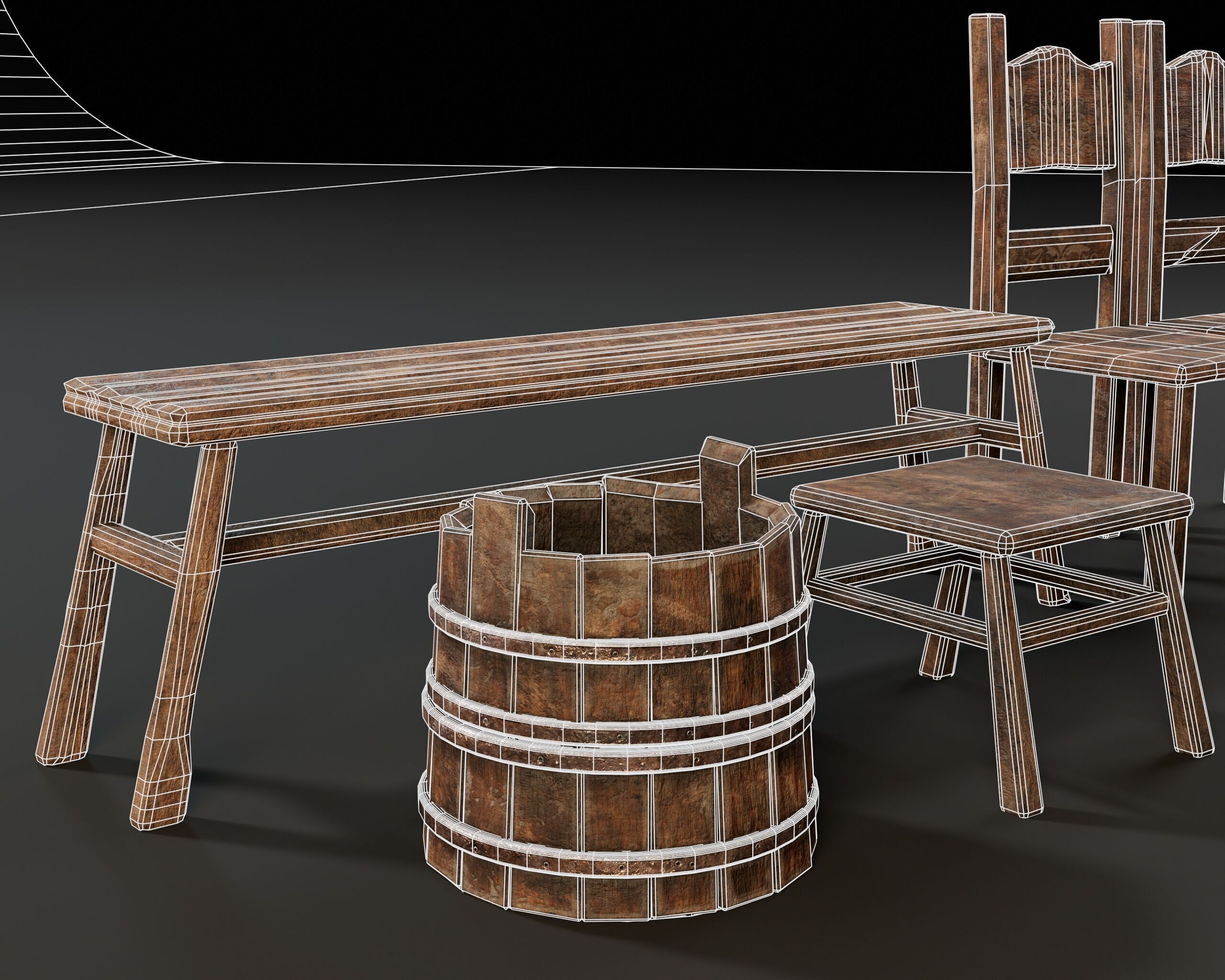 Medieval Rustic Furniture Set Low-poly 3D model_9