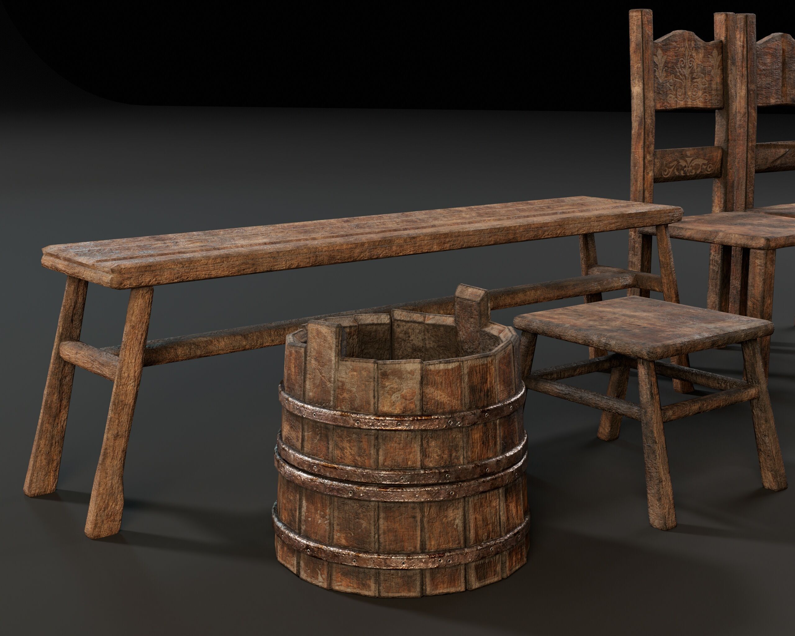 Medieval Rustic Furniture Set Low-poly 3D model_8