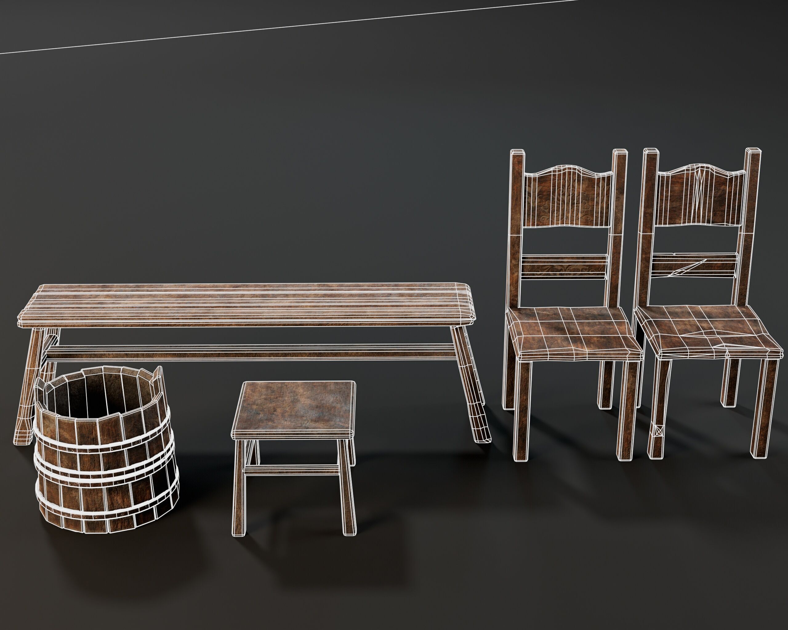 Medieval Rustic Furniture Set Low-poly 3D model_5