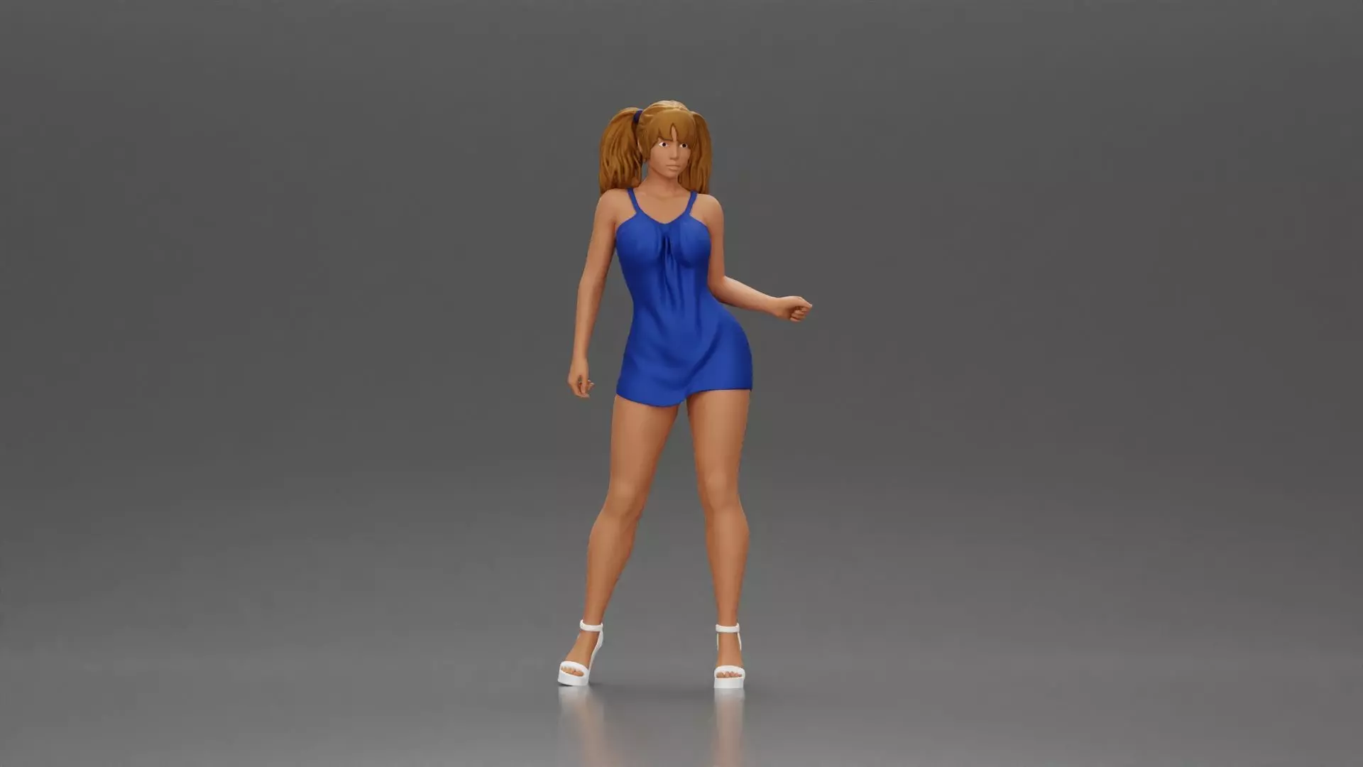 Elegant woman in dress posing confidently with playful charm 3D print model_0