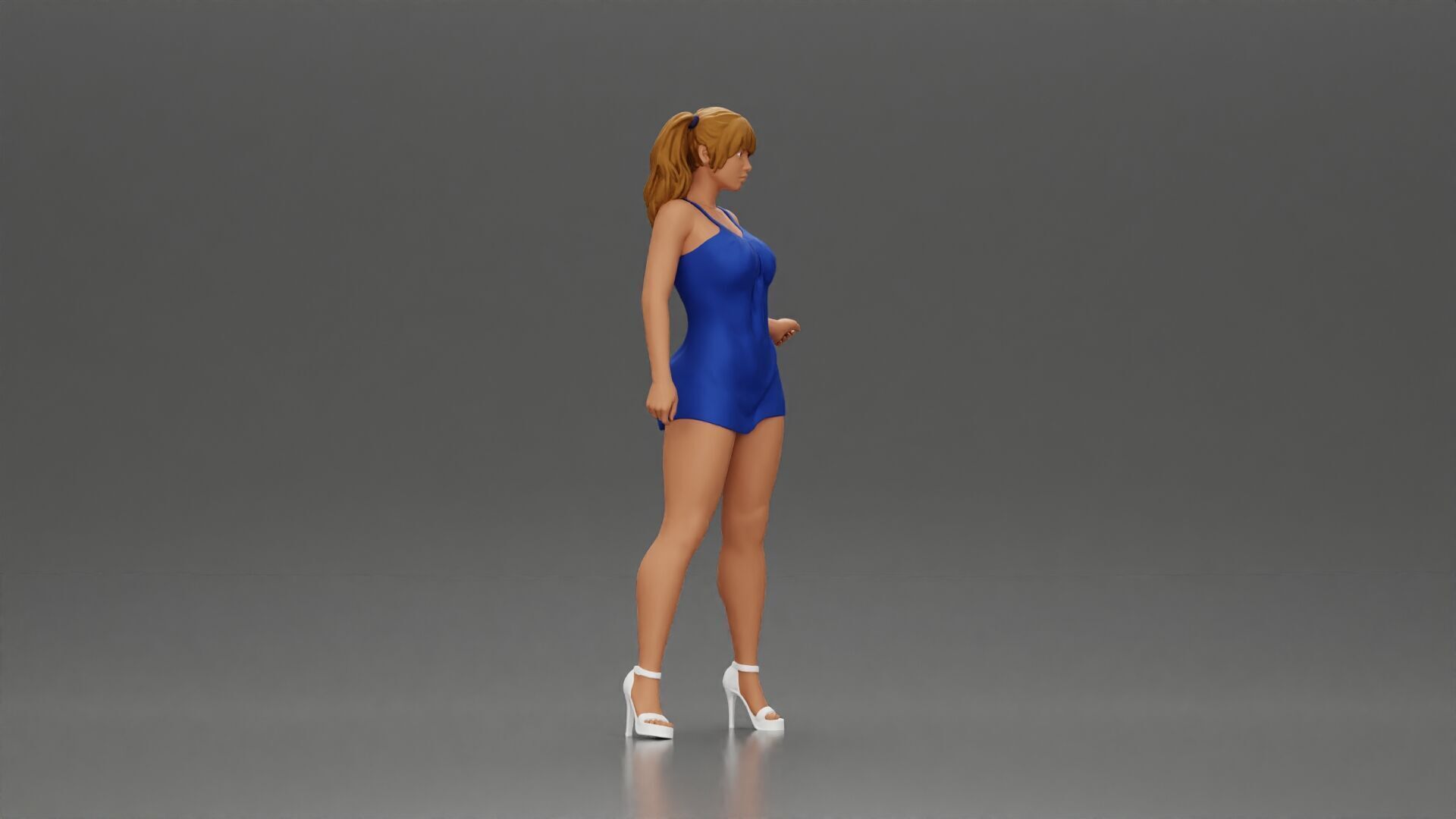 Elegant woman in dress posing confidently with playful charm 3D print model_1