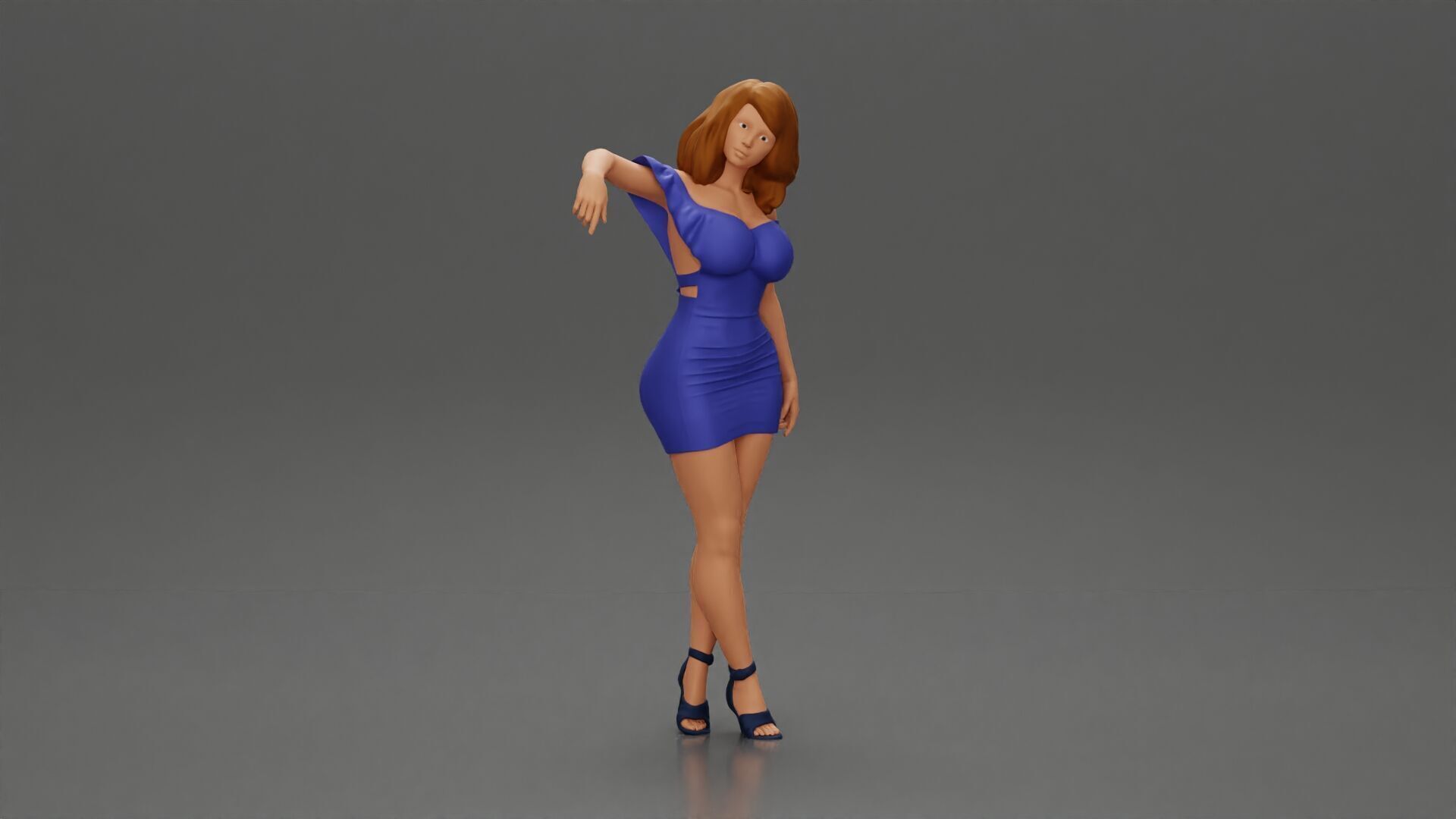 Elegant pose in vibrant blue dress with matching high heels 3D print model_1
