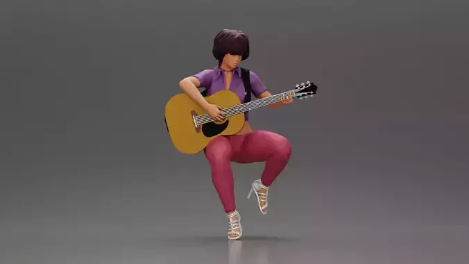 Woman guitarist with short hair playing a folk guitar 3D print model