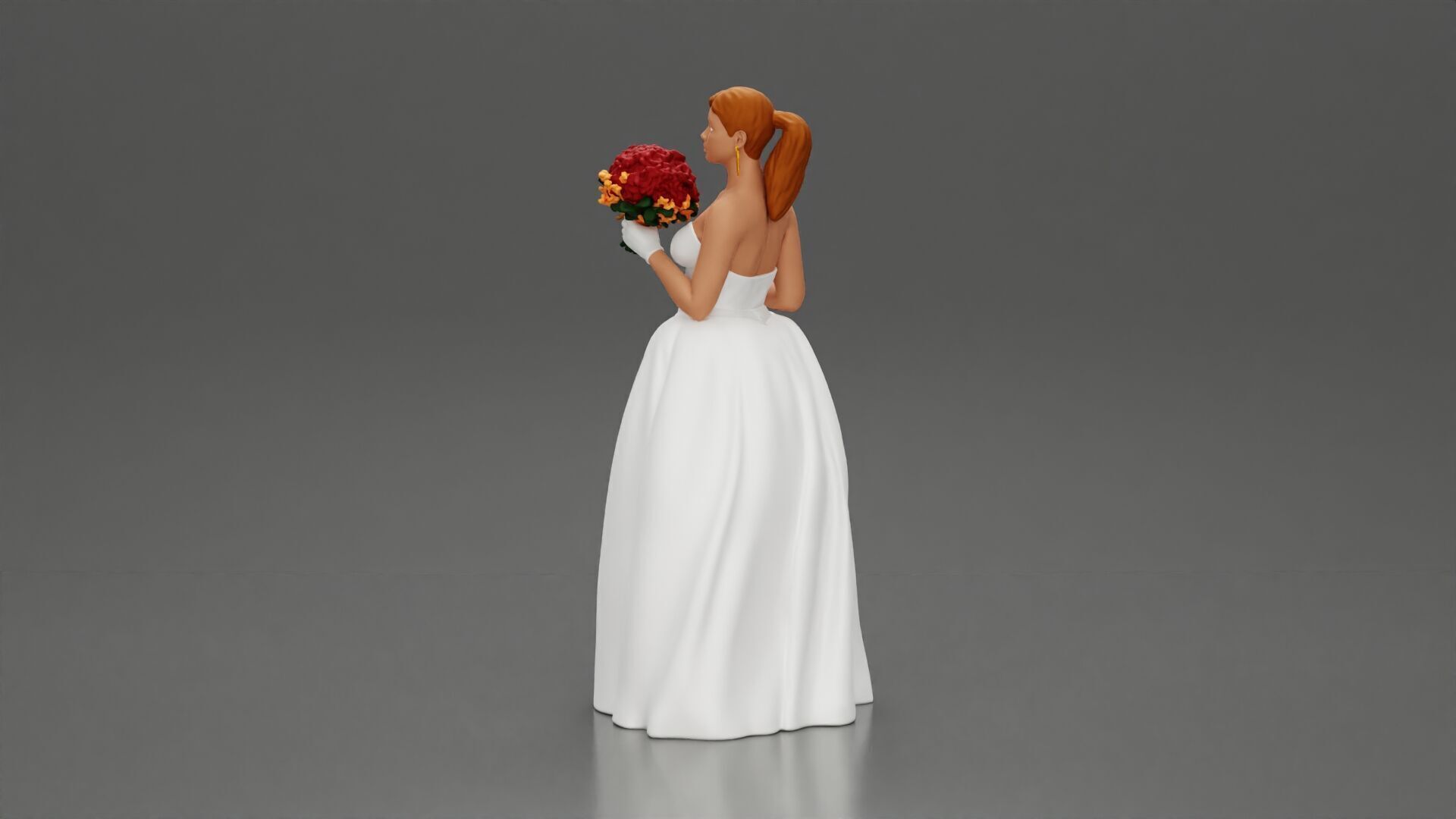 Elegant Bride in White Gown Holding Vibrant Bouquet of Flowers 3D print model_6