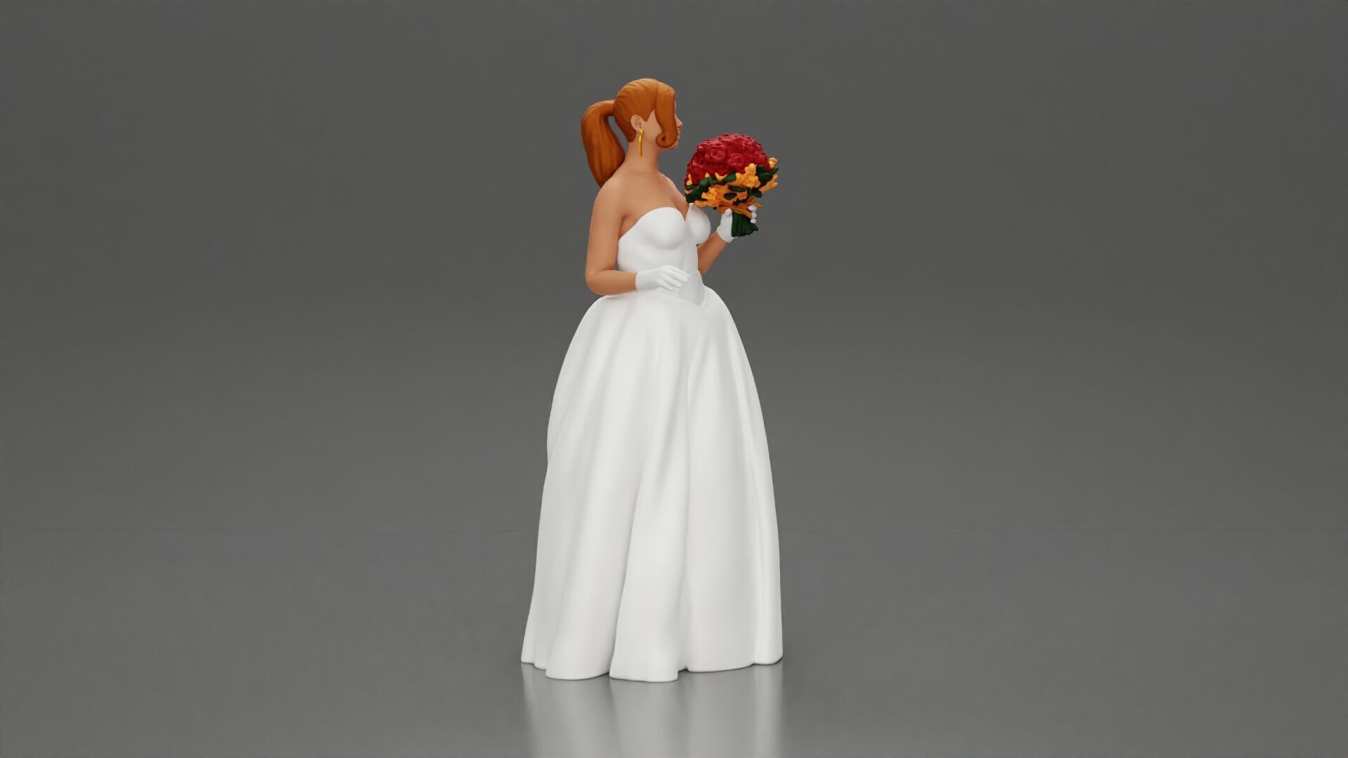 Elegant Bride in White Gown Holding Vibrant Bouquet of Flowers 3D print model_3