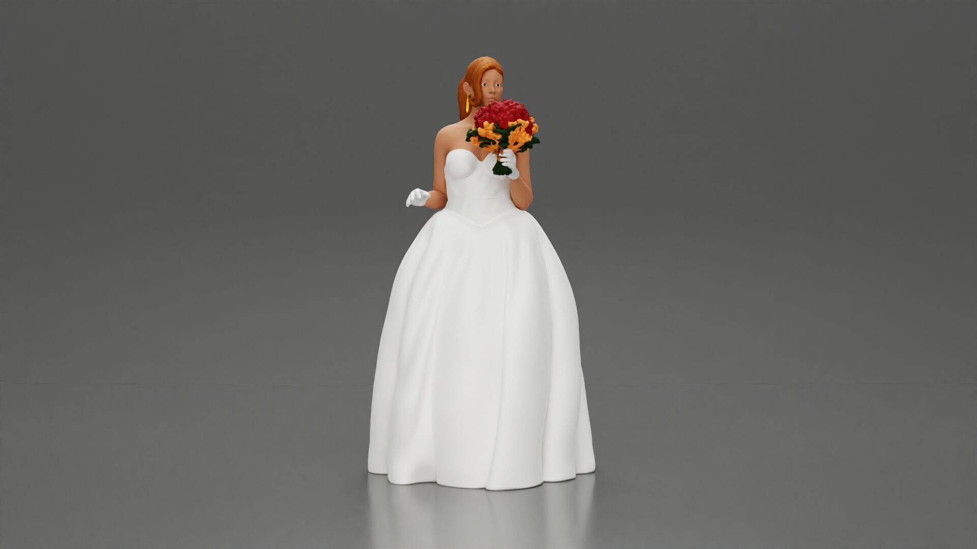 Elegant Bride in White Gown Holding Vibrant Bouquet of Flowers 3D print model_2