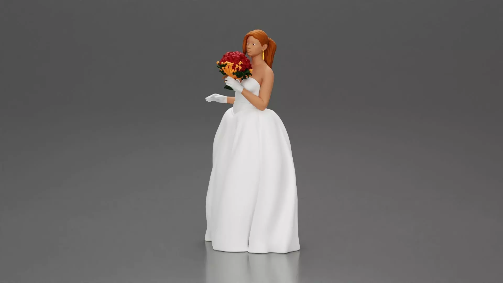 Elegant Bride in White Gown Holding Vibrant Bouquet of Flowers 3D print model_0