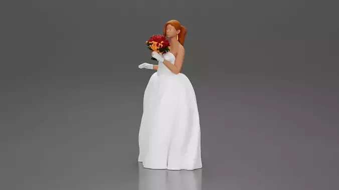 Elegant Bride in White Gown Holding Vibrant Bouquet of Flowers 3D print model