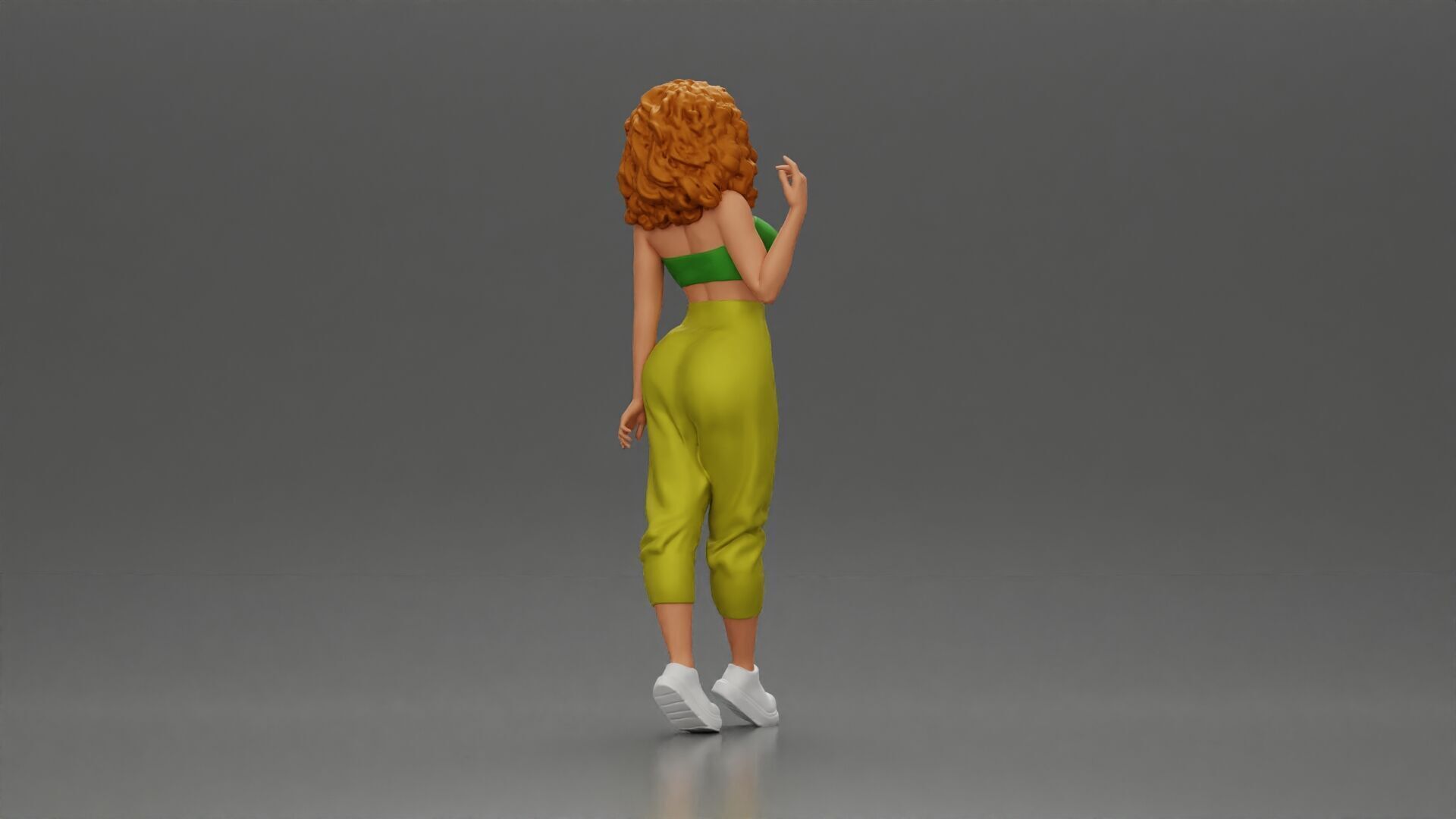 Curly-Haired Woman in Vibrant Green Outfit Striking a Pose 3D print model_2