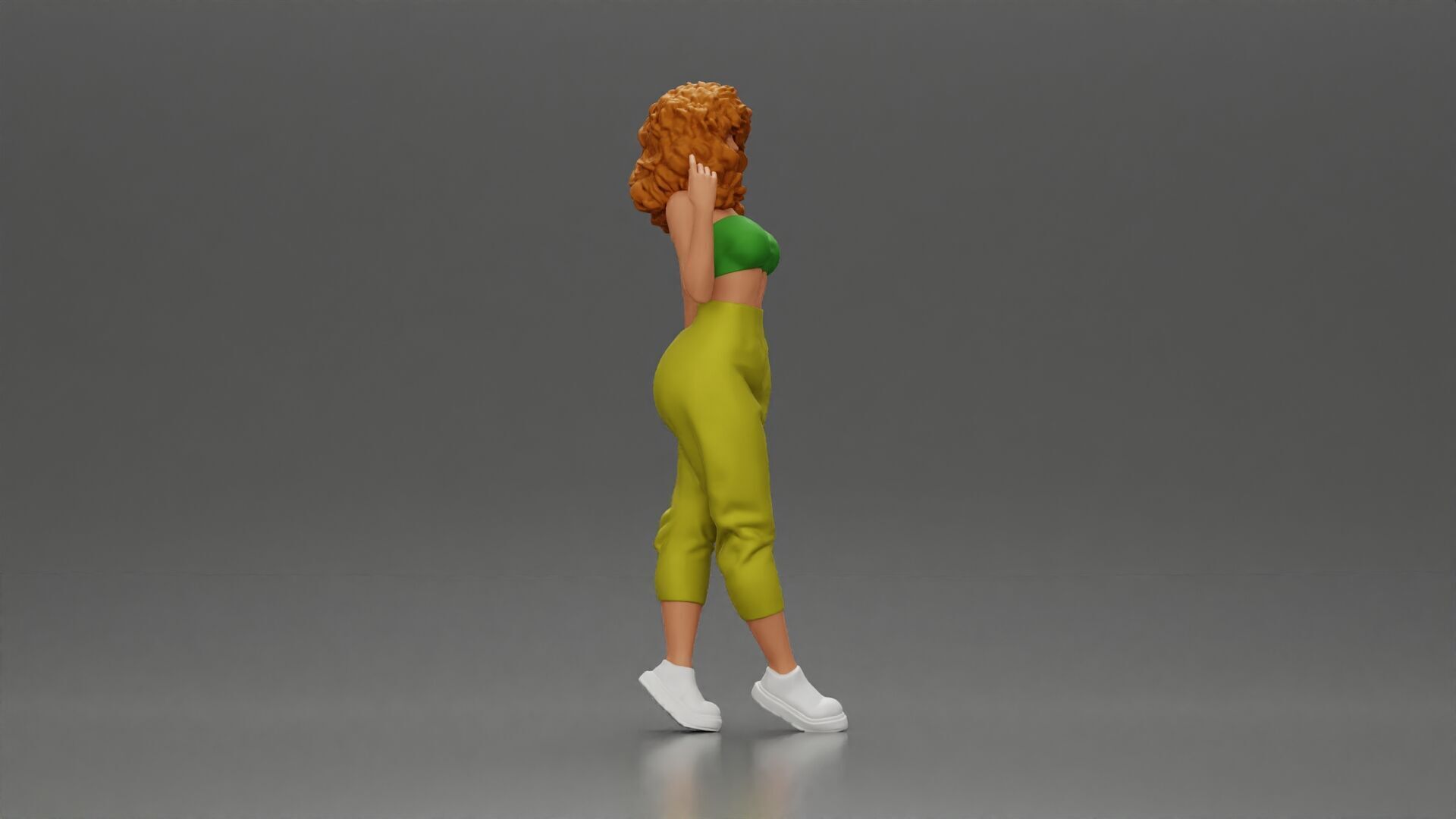 Curly-Haired Woman in Vibrant Green Outfit Striking a Pose 3D print model_1