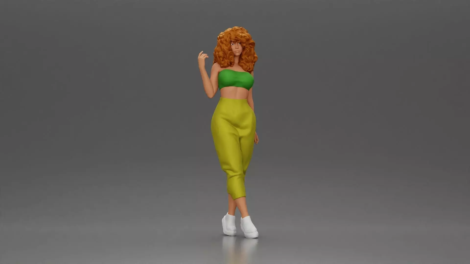 Curly-Haired Woman in Vibrant Green Outfit Striking a Pose 3D print model_0