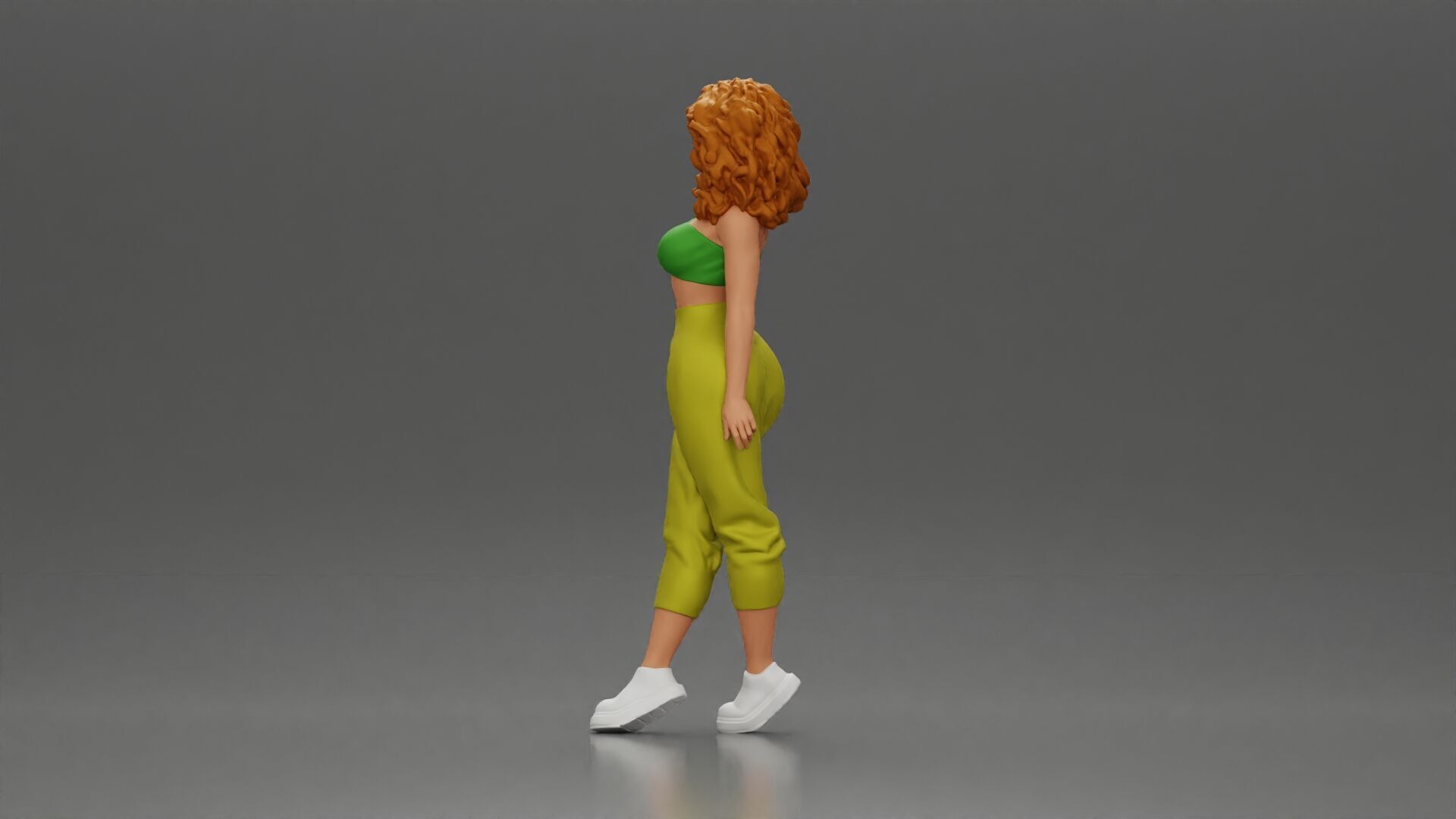 Curly-Haired Woman in Vibrant Green Outfit Striking a Pose 3D print model_4