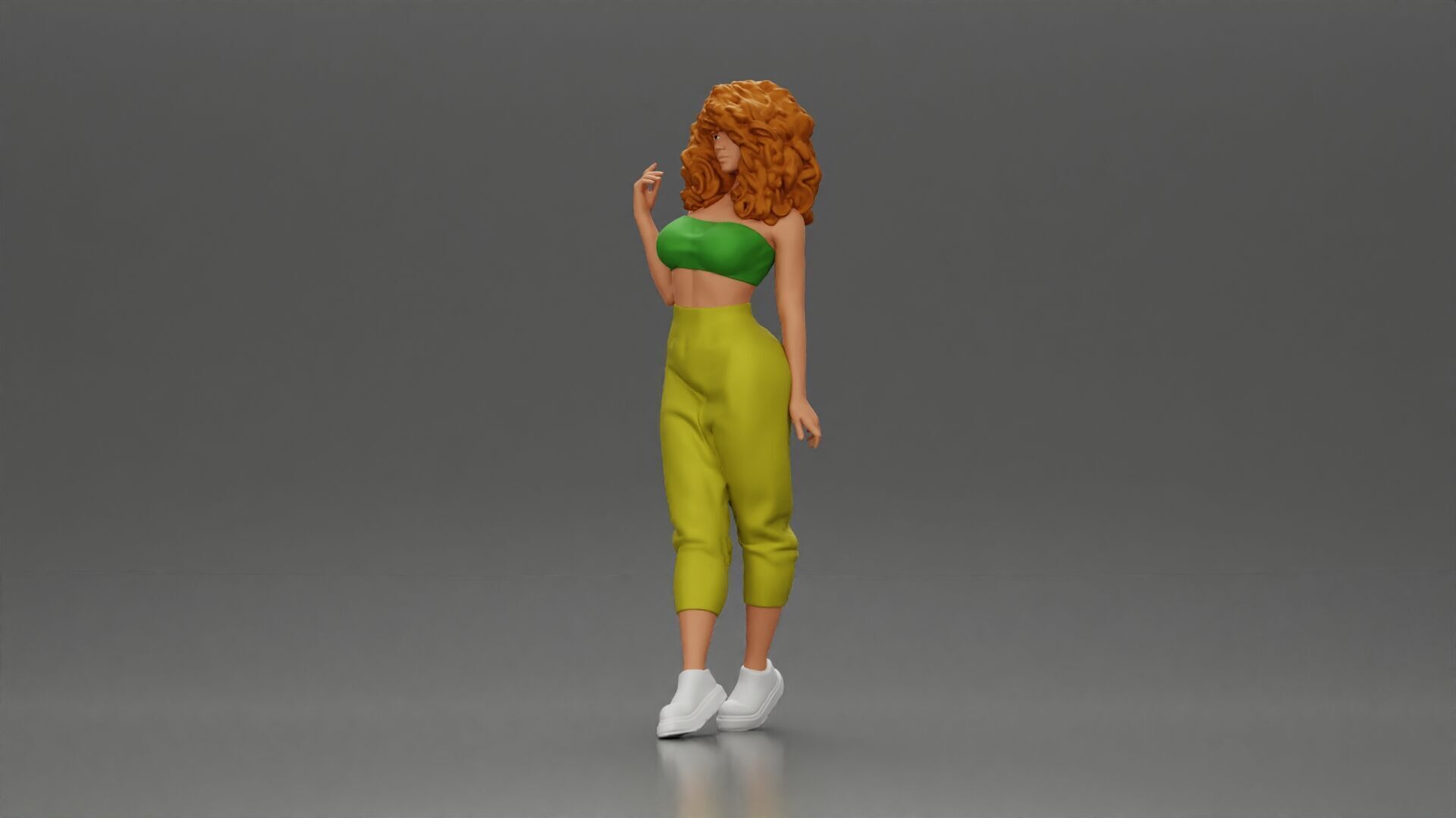Curly-Haired Woman in Vibrant Green Outfit Striking a Pose 3D print model_5