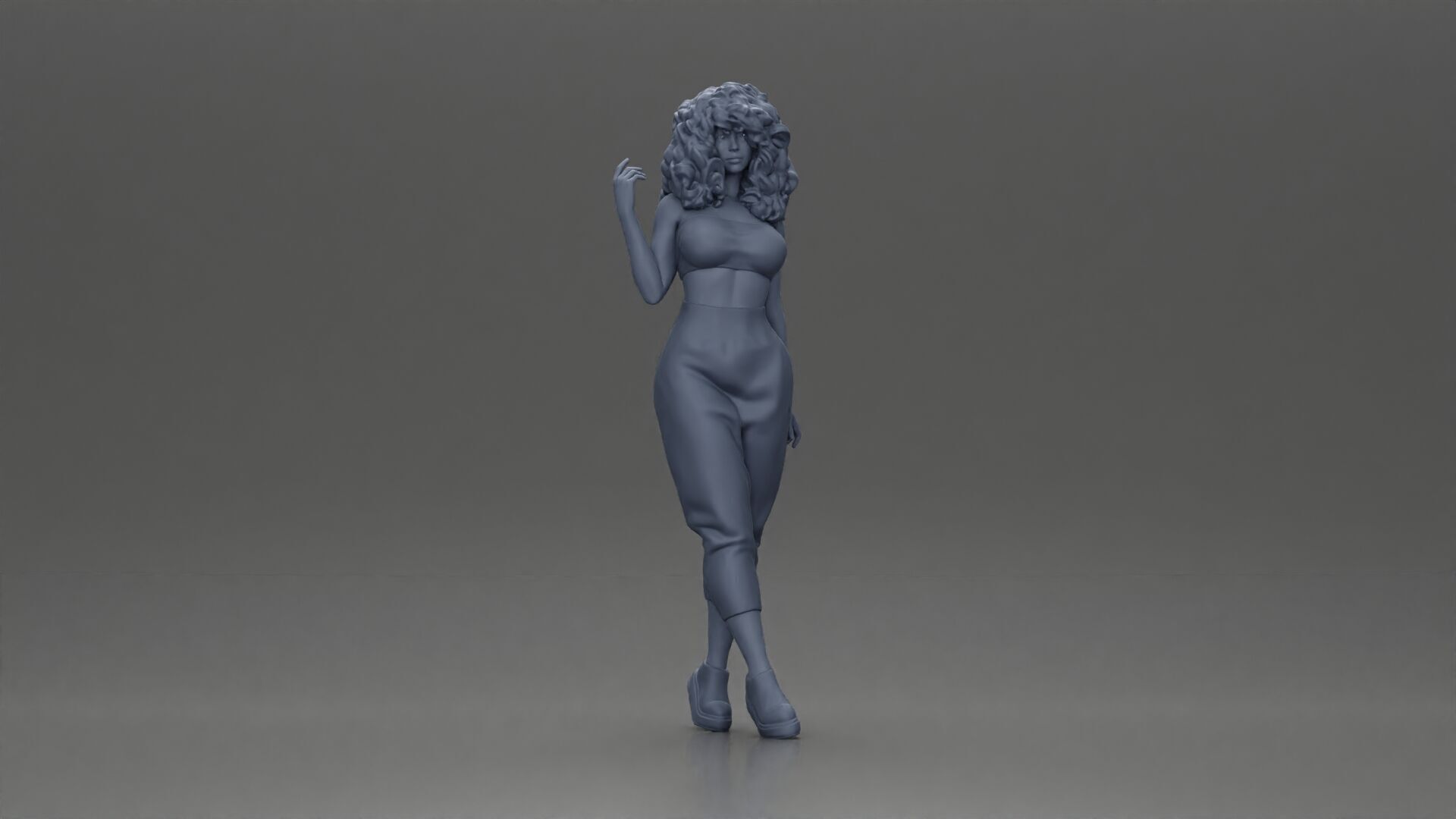 Curly-Haired Woman in Vibrant Green Outfit Striking a Pose 3D print model_6
