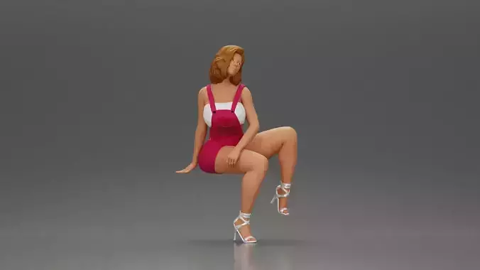 Casual elegance in red overalls and stylish silver heels