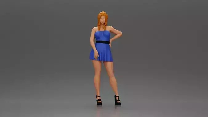 Confident Woman in Blue Dress Posing with Graceful Elegance 3D print model